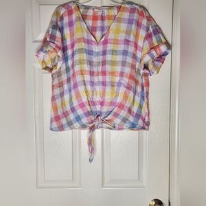 Charter Club Luxury XL Mlticlr   100% LINEN  Plaid Shrtslvs Women’s Top Blouse